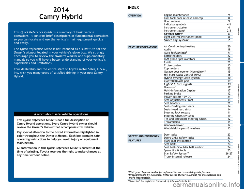 TOYOTA CAMRY HYBRID 2014 XV50 / 9.G Quick Reference Guide OVERVIEW
FEATURES/OPERATIONS
SAFETY AND EMERGENCY FEATURES
1
This Quick Reference Guide is a summary of basic vehicle 
operations. It contains brief descriptions of fundamental operations 
so you can 