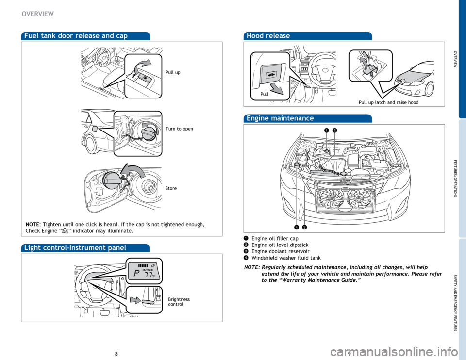 TOYOTA CAMRY HYBRID 2014 XV50 / 9.G Quick Reference Guide OVERVIEW
FEATURES/OPERATIONS
SAFETY AND EMERGENCY FEATURES
89
Hood releaseFuel tank door release and cap
Engine oil filler cap
Engine oil level dipstick
Engine coolant reservoir
Windshield washer flui