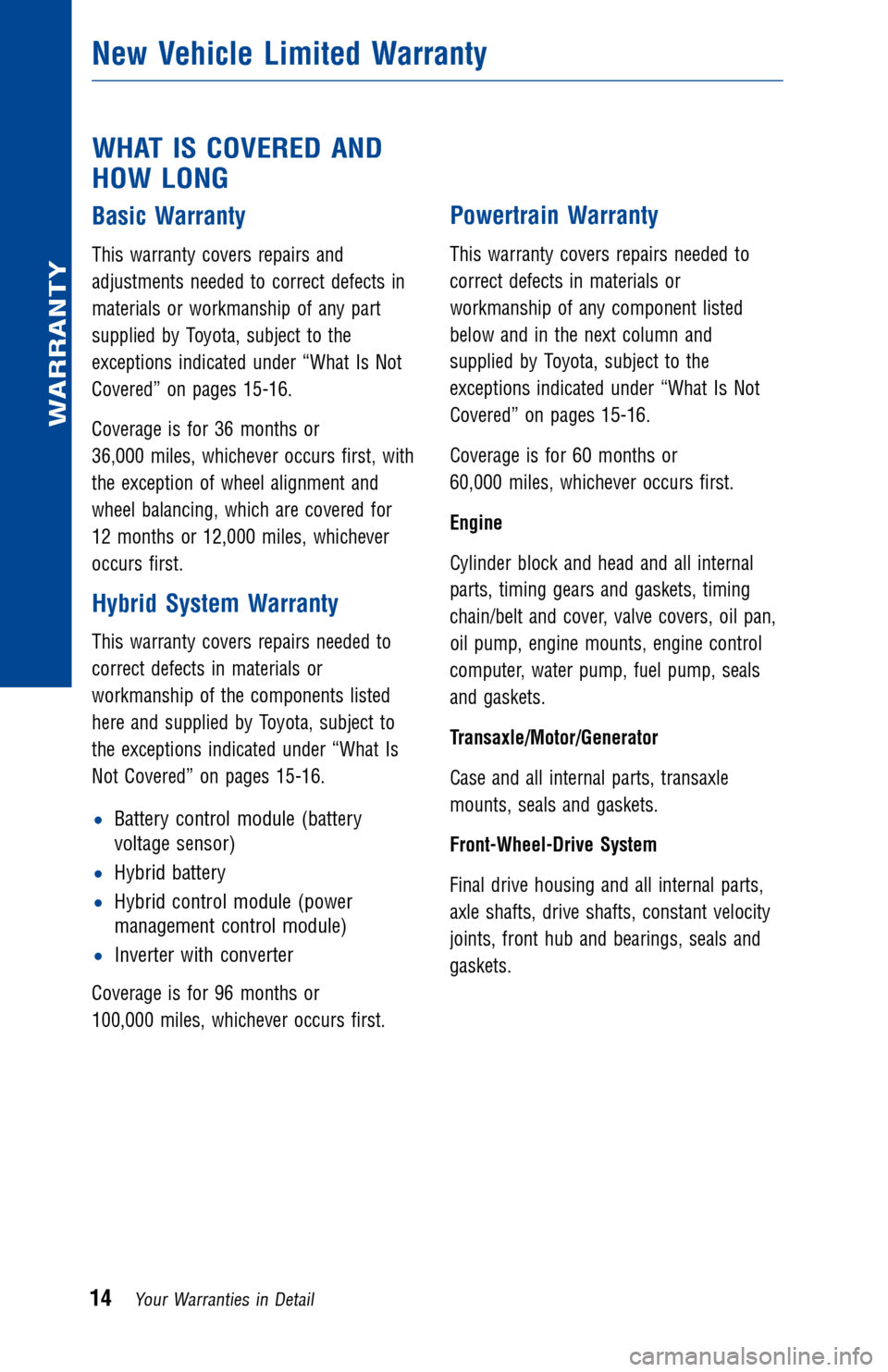 TOYOTA CAMRY HYBRID 2014 XV50 / 9.G Warranty And Maintenance Guide JOBNAME: 1487008-2014-cahWG-E PAGE: 14 SESS: 11 OUTPUT: Tue Jul 16 09:00:11 2013 
/tweddle/toyota/sched-maint/1487008-en-cah/wg
WHAT IS COVERED AND 
HOW LONG
Basic Warranty
This warranty covers repair