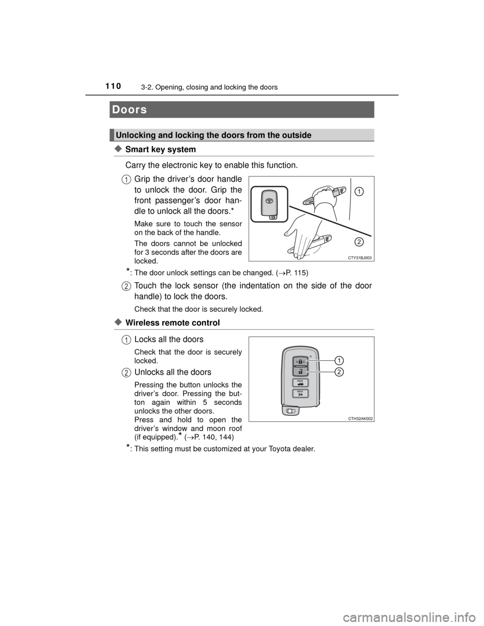 TOYOTA CAMRY HYBRID 2015 XV50 / 9.G Owners Manual 110
CAMRY_HV_U (OM33A87U)
3-2. Opening, closing and locking the doors
◆Smart key system
Carry the electronic key to enable this function.Grip the driver’s door handle
to unlock the door. Grip the
TOYOTA CAMRY HYBRID 2015 XV50 / 9.G Owners Manual 110
CAMRY_HV_U (OM33A87U)
3-2. Opening, closing and locking the doors
◆Smart key system
Carry the electronic key to enable this function.Grip the driver’s door handle
to unlock the door. Grip the