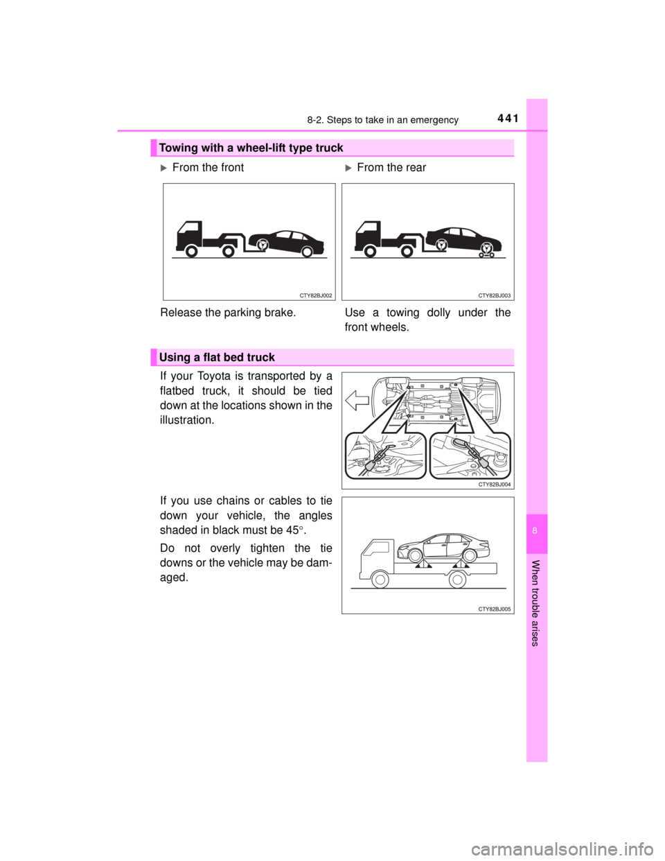 TOYOTA CAMRY HYBRID 2015 XV50 / 9.G Owners Manual 4418-2. Steps to take in an emergency
8
When trouble arises
CAMRY_HV_U (OM33A87U)
If your Toyota is transported by a
flatbed truck, it should be tied
down at the locations shown in the
illustration.
I TOYOTA CAMRY HYBRID 2015 XV50 / 9.G Owners Manual 4418-2. Steps to take in an emergency
8
When trouble arises
CAMRY_HV_U (OM33A87U)
If your Toyota is transported by a
flatbed truck, it should be tied
down at the locations shown in the
illustration.
I