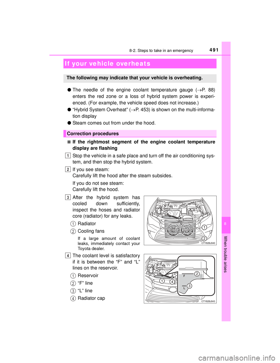 TOYOTA CAMRY HYBRID 2015 XV50 / 9.G Owners Manual 4918-2. Steps to take in an emergency
8
When trouble arises
CAMRY_HV_U (OM33A87U)
●The needle of the engine coolant temperature gauge ( P.  8 8 )
enters the red zone or a loss of hybrid system po
