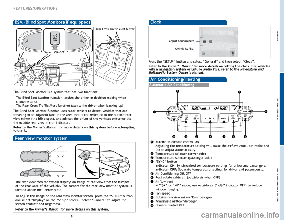 TOYOTA CAMRY HYBRID 2015 XV50 / 9.G Quick Reference Guide OVERVIEW
FEATURES/OPERATIONS
SAFETY AND EMERGENCY FEATURES
19
18
FEATURES/OPERATIONS
BSM (Blind Spot Monitor)(if equipped)
The Blind Spot Monitor is a system that has two functions:
• The Blind Spot TOYOTA CAMRY HYBRID 2015 XV50 / 9.G Quick Reference Guide OVERVIEW
FEATURES/OPERATIONS
SAFETY AND EMERGENCY FEATURES
19
18
FEATURES/OPERATIONS
BSM (Blind Spot Monitor)(if equipped)
The Blind Spot Monitor is a system that has two functions:
• The Blind Spot
