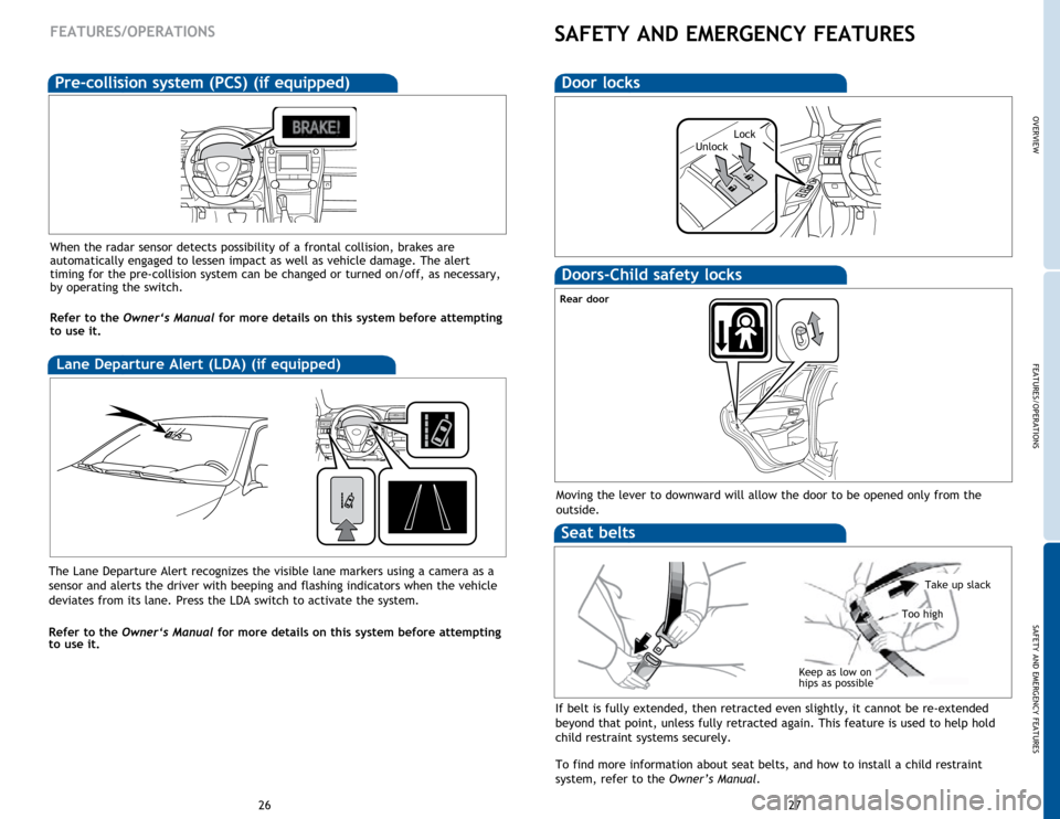 TOYOTA CAMRY HYBRID 2015 XV50 / 9.G Quick Reference Guide OVERVIEW
FEATURES/OPERATIONS
SAFETY AND EMERGENCY FEATURES
27
26
If belt is fully extended, then retracted even slightly, it cannot be re-extended
beyond that point, unless fully retracted again. Thi TOYOTA CAMRY HYBRID 2015 XV50 / 9.G Quick Reference Guide OVERVIEW
FEATURES/OPERATIONS
SAFETY AND EMERGENCY FEATURES
27
26
If belt is fully extended, then retracted even slightly, it cannot be re-extended
beyond that point, unless fully retracted again. Thi