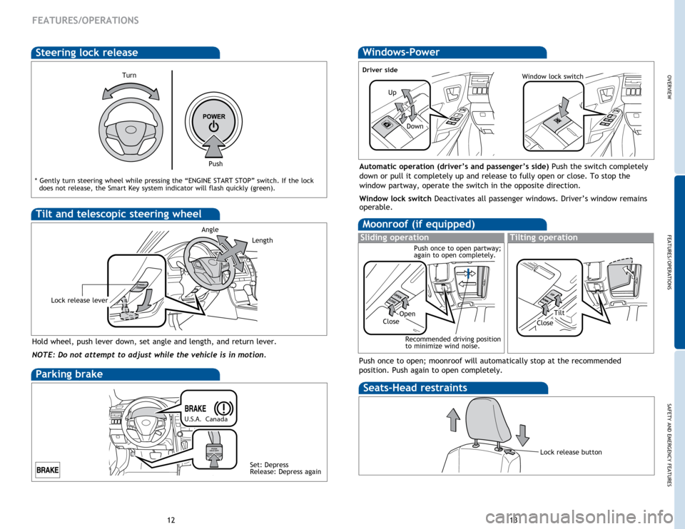 TOYOTA CAMRY HYBRID 2015 XV50 / 9.G Quick Reference Guide OVERVIEW
FEATURES/OPERATIONS
SAFETY AND EMERGENCY FEATURES
1213
FEATURES/OPERATIONS
Moonroof (if equipped)
Sliding operationTilting operation
OpenTiltCloseClose
Recommended driving position 
to minimi