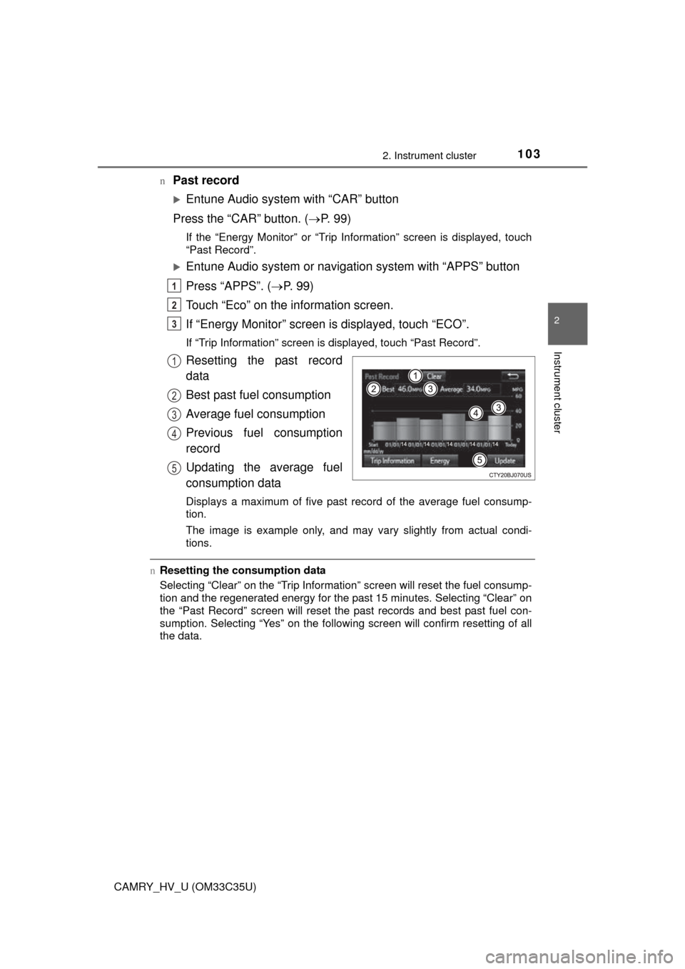 TOYOTA CAMRY HYBRID 2016 XV50 / 9.G Owners Manual 1032. Instrument cluster
2
Instrument cluster
CAMRY_HV_U (OM33C35U)n
Past record
Entune Audio system with “CAR” button
Press the “CAR” button. ( P. 99)
If the “Energy Monitor” or “