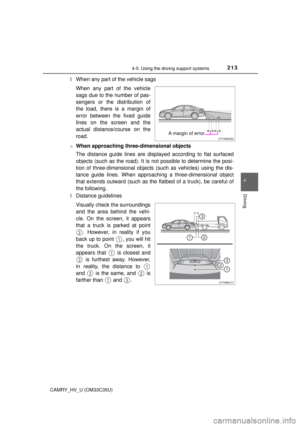 TOYOTA CAMRY HYBRID 2016 XV50 / 9.G Owners Manual 2134-5. Using the driving support systems
4
Driving
CAMRY_HV_U (OM33C35U)
lWhen any part of the vehicle sags
When any part of the vehicle
sags due to the number of pas-
sengers or the distribution of
TOYOTA CAMRY HYBRID 2016 XV50 / 9.G Owners Manual 2134-5. Using the driving support systems
4
Driving
CAMRY_HV_U (OM33C35U)
lWhen any part of the vehicle sags
When any part of the vehicle
sags due to the number of pas-
sengers or the distribution of