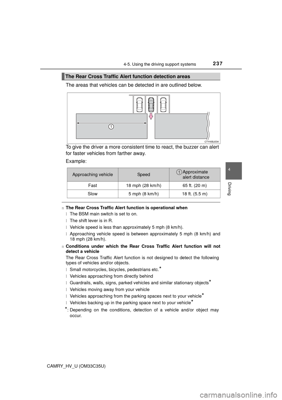 TOYOTA CAMRY HYBRID 2016 XV50 / 9.G Owners Manual 2374-5. Using the driving support systems
4
Driving
CAMRY_HV_U (OM33C35U)
The areas that vehicles can be detected in are outlined below.
To give the driver a more consistent time to react, the buzzer TOYOTA CAMRY HYBRID 2016 XV50 / 9.G Owners Manual 2374-5. Using the driving support systems
4
Driving
CAMRY_HV_U (OM33C35U)
The areas that vehicles can be detected in are outlined below.
To give the driver a more consistent time to react, the buzzer