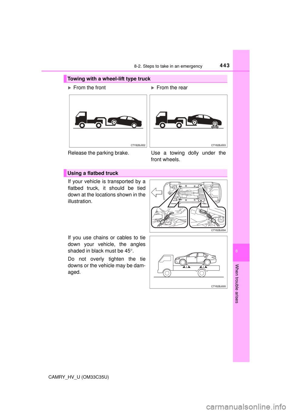 TOYOTA CAMRY HYBRID 2016 XV50 / 9.G Owners Manual 4438-2. Steps to take in an emergency
8
When trouble arises
CAMRY_HV_U (OM33C35U)
If your vehicle is transported by a
flatbed truck, it should be tied
down at the locations shown in the
illustration.
