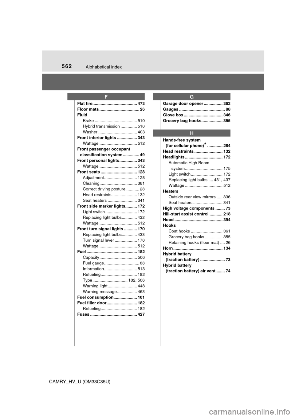TOYOTA CAMRY HYBRID 2016 XV50 / 9.G Owners Manual 562Alphabetical index
CAMRY_HV_U (OM33C35U)
Flat tire...................................... 473
Floor mats .................................. 26
FluidBrake .................................... 510
Hyb
