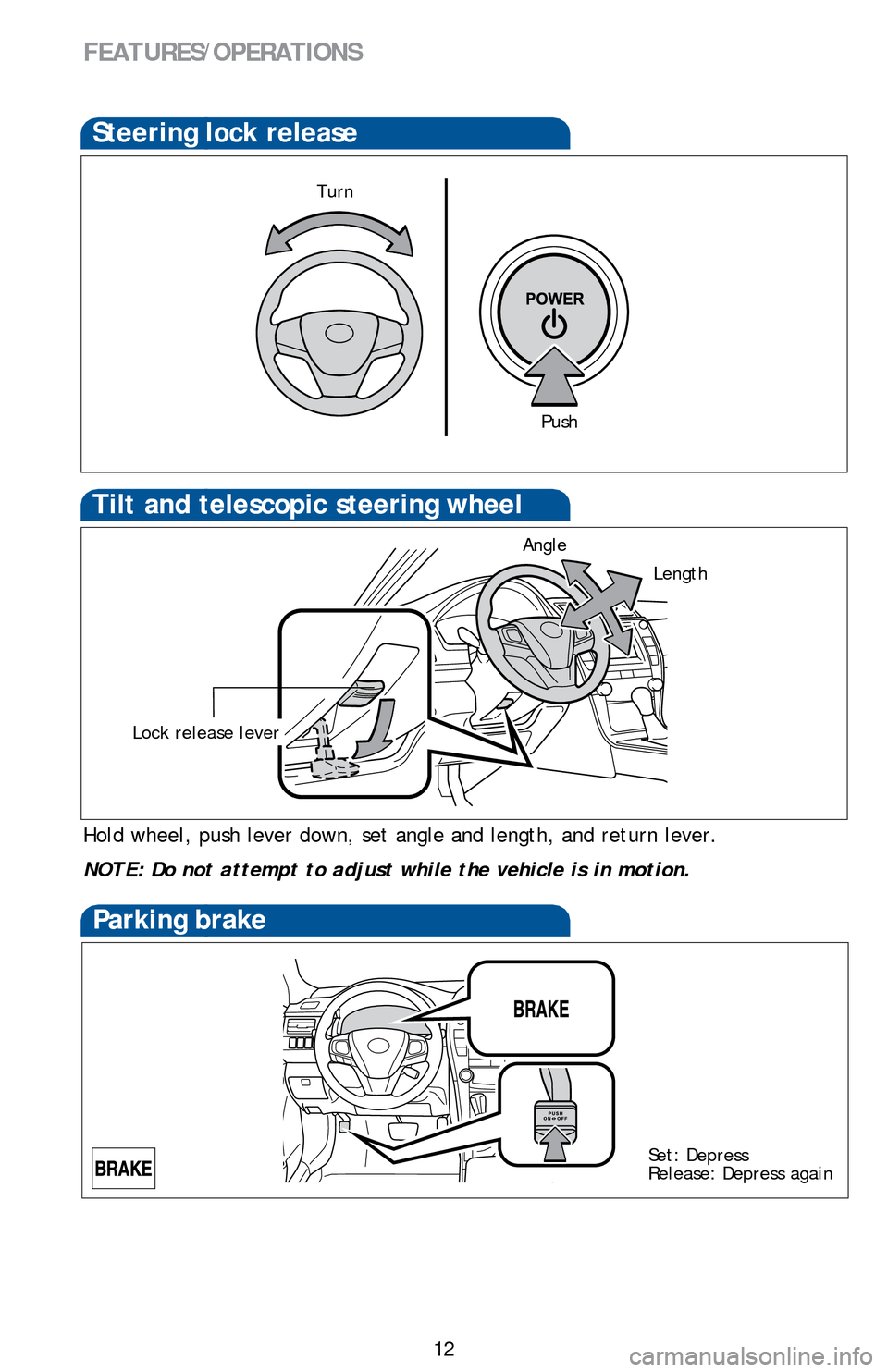 TOYOTA CAMRY HYBRID 2016 XV50 / 9.G Quick Reference Guide 12
FEATURES/OPERATIONS
Steering lock release
Parking brake
Set: Depress
Release: Depress again
Hold wheel, push lever down, set angle and length, and return lever.
NOTE: Do not attempt to adjust while TOYOTA CAMRY HYBRID 2016 XV50 / 9.G Quick Reference Guide 12
FEATURES/OPERATIONS
Steering lock release
Parking brake
Set: Depress
Release: Depress again
Hold wheel, push lever down, set angle and length, and return lever.
NOTE: Do not attempt to adjust while
