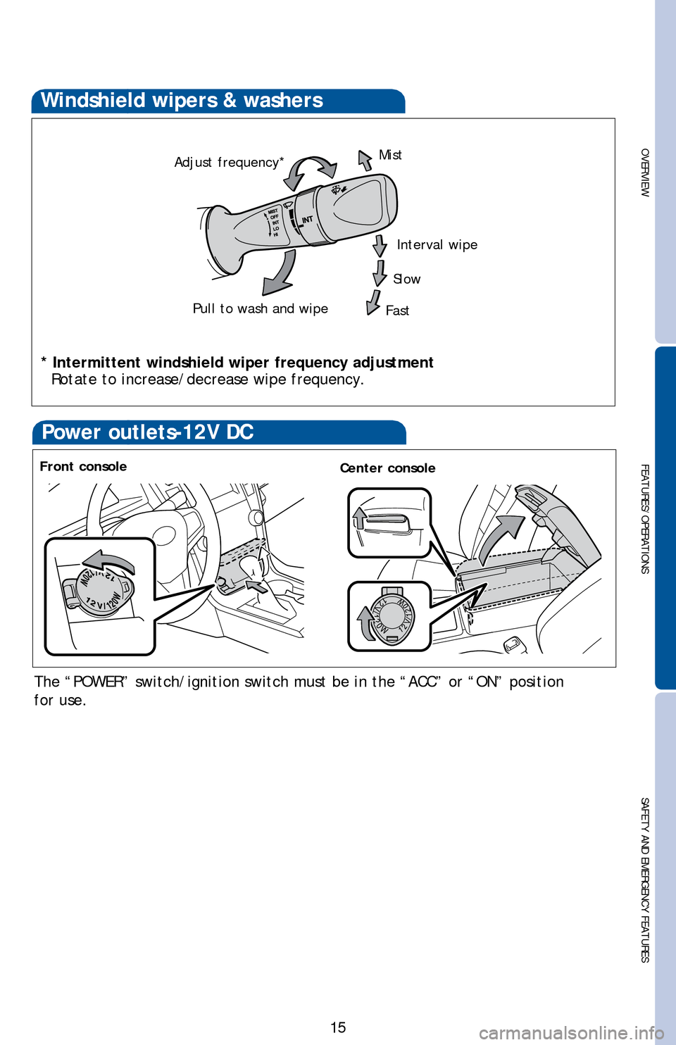 TOYOTA CAMRY HYBRID 2016 XV50 / 9.G Quick Reference Guide OVERVIEW
FEATURES/OPERATIONS
SAFETY AND EMERGENCY FEATURES
15
Power outlets-12V DC
Front console
The “POWER” switch/ignition switch must be in the “ACC” or “\
ON” position
for use.
Cen TOYOTA CAMRY HYBRID 2016 XV50 / 9.G Quick Reference Guide OVERVIEW
FEATURES/OPERATIONS
SAFETY AND EMERGENCY FEATURES
15
Power outlets-12V DC
Front console
The “POWER” switch/ignition switch must be in the “ACC” or “\
ON” position
for use.
Cen