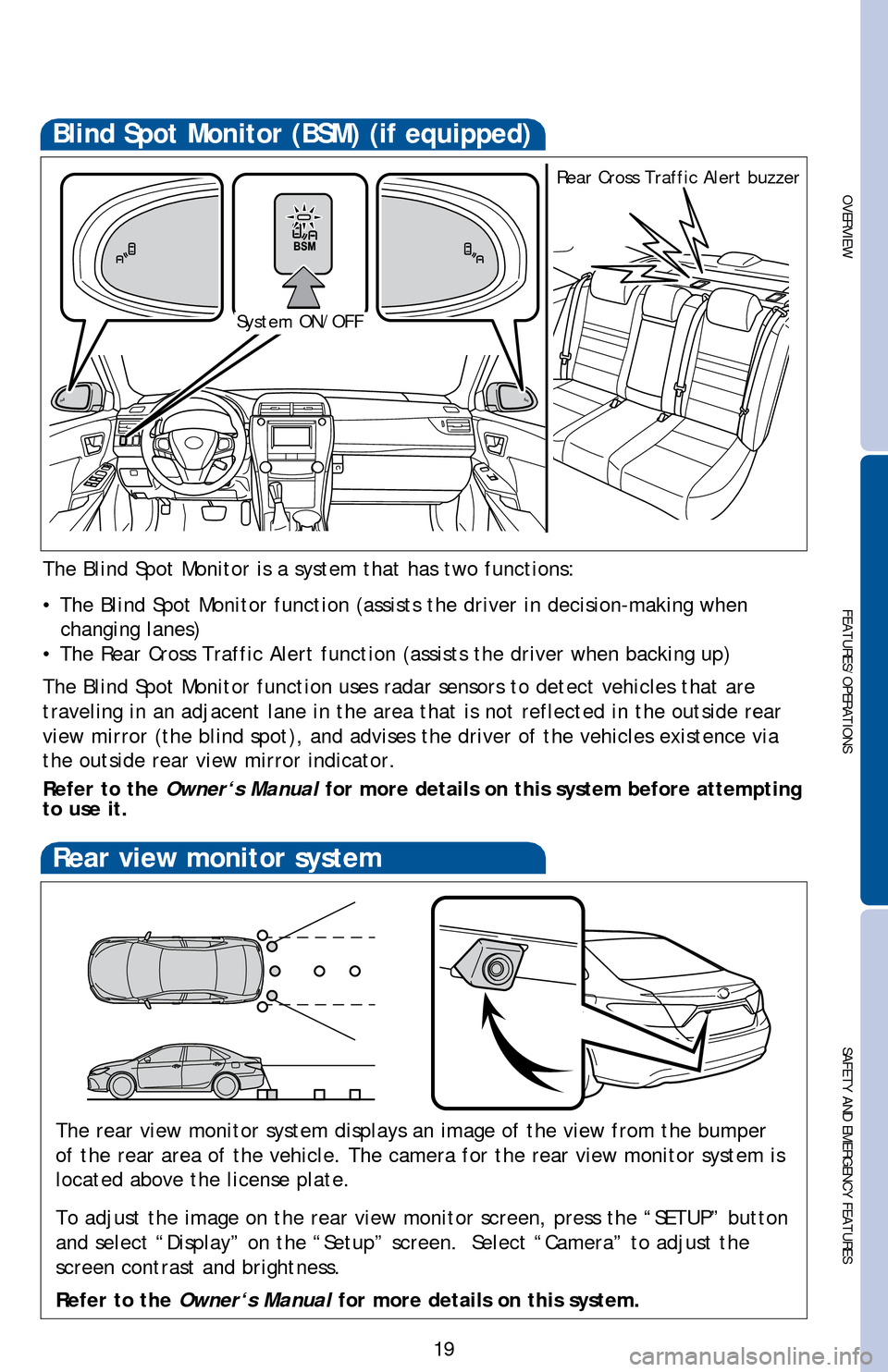 TOYOTA CAMRY HYBRID 2016 XV50 / 9.G Quick Reference Guide OVERVIEW
FEATURES/OPERATIONS
SAFETY AND EMERGENCY FEATURES
19
Blind Spot Monitor (BSM) (if equipped)
The Blind Spot Monitor is a system that has two functions:
• The Blind Spot Monitor function (ass TOYOTA CAMRY HYBRID 2016 XV50 / 9.G Quick Reference Guide OVERVIEW
FEATURES/OPERATIONS
SAFETY AND EMERGENCY FEATURES
19
Blind Spot Monitor (BSM) (if equipped)
The Blind Spot Monitor is a system that has two functions:
• The Blind Spot Monitor function (ass