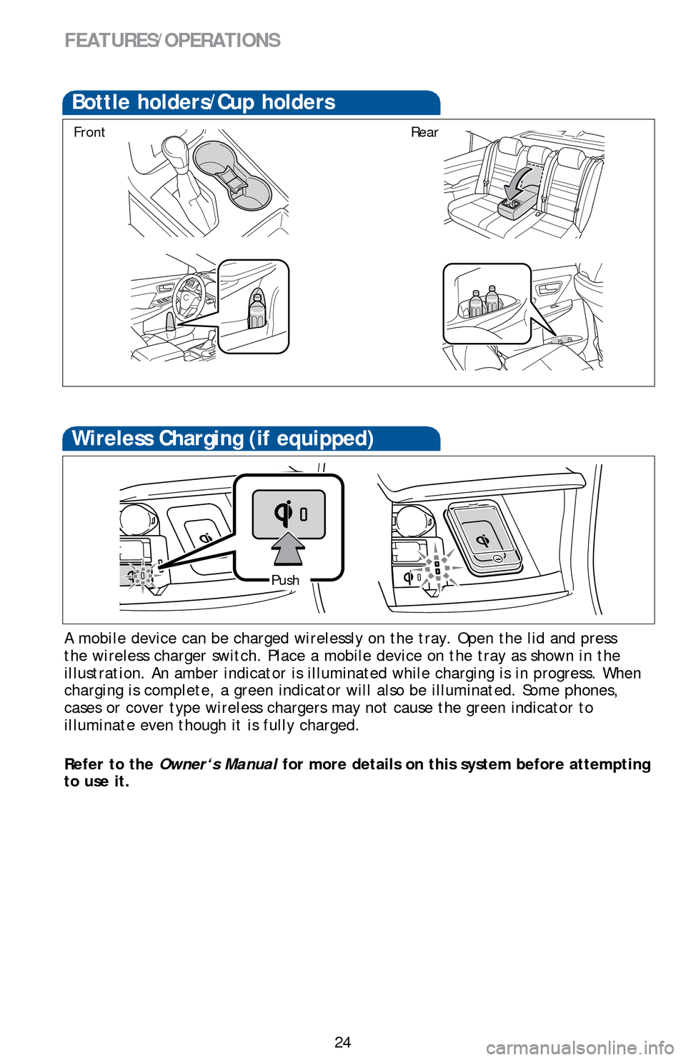 TOYOTA CAMRY HYBRID 2016 XV50 / 9.G Quick Reference Guide 24
FEATURES/OPERATIONS
A mobile device can be charged wirelessly on the tray. Open the lid and press
the wireless charger switch. Place a mobile device on the tray as shown \
in the
illustration. An TOYOTA CAMRY HYBRID 2016 XV50 / 9.G Quick Reference Guide 24
FEATURES/OPERATIONS
A mobile device can be charged wirelessly on the tray. Open the lid and press
the wireless charger switch. Place a mobile device on the tray as shown \
in the
illustration. An