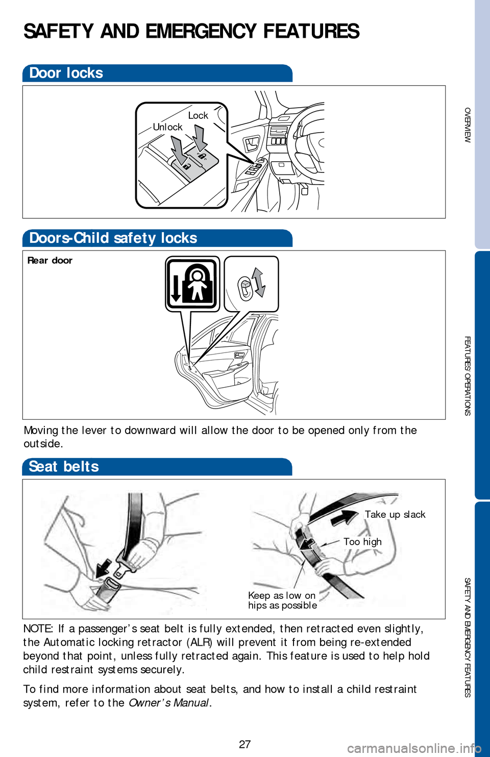 TOYOTA CAMRY HYBRID 2016 XV50 / 9.G Quick Reference Guide OVERVIEW
FEATURES/OPERATIONS
SAFETY AND EMERGENCY FEATURES
27
NOTE: If a passenger’s seat belt is fully extended, then retracted ev\
en slightly, 
the Automatic locking retractor (ALR) will prevent 