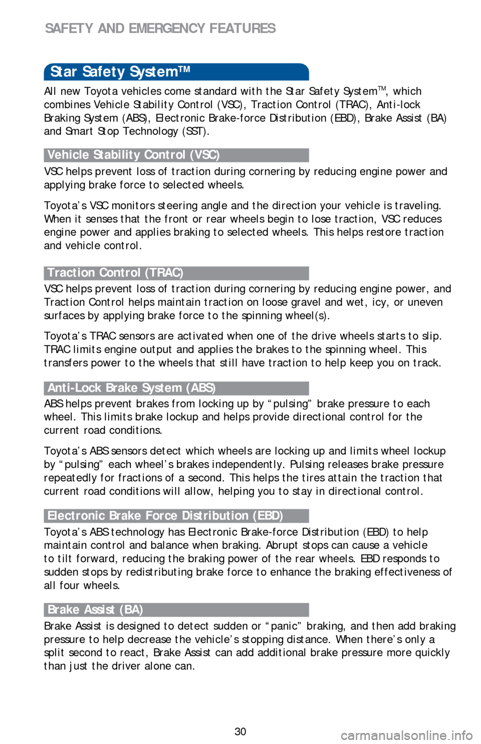 TOYOTA CAMRY HYBRID 2016 XV50 / 9.G Quick Reference Guide 30
Star Safety SystemTM
VSC helps prevent loss of traction during cornering by reducing engine power and 
applying brake force to selected wheels. 
Toyota’s VSC monitors steering angle and the direc