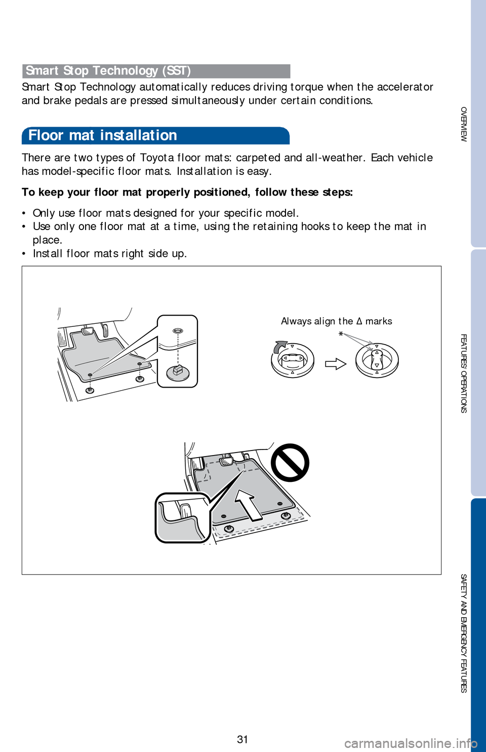 TOYOTA CAMRY HYBRID 2016 XV50 / 9.G Quick Reference Guide 31
There are two types of Toyota floor mats: carpeted and all-weather. Each vehicle
has model-specific floor mats. Installation is easy.
To keep your floor mat properly positioned, follow these step TOYOTA CAMRY HYBRID 2016 XV50 / 9.G Quick Reference Guide 31
There are two types of Toyota floor mats: carpeted and all-weather. Each vehicle
has model-specific floor mats. Installation is easy.
To keep your floor mat properly positioned, follow these step