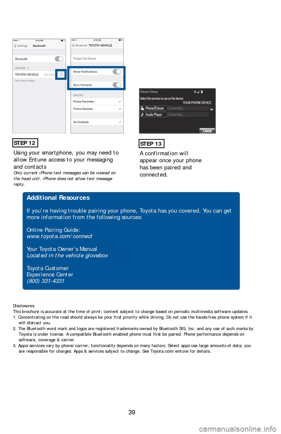 TOYOTA CAMRY HYBRID 2016 XV50 / 9.G Quick Reference Guide 39
Using your smartphone, you may need to
allow Entune access to your messaging
and contacts
Only current iPhone text messages can be viewed on
the head unit. iPhone does not allow text message
re TOYOTA CAMRY HYBRID 2016 XV50 / 9.G Quick Reference Guide 39
Using your smartphone, you may need to
allow Entune access to your messaging
and contacts
Only current iPhone text messages can be viewed on
the head unit. iPhone does not allow text message
re