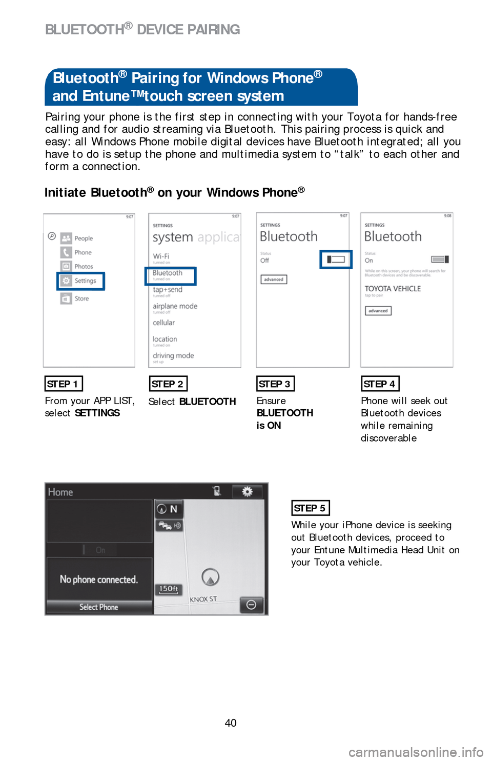 TOYOTA CAMRY HYBRID 2016 XV50 / 9.G Quick Reference Guide 40
Pairing your phone is the first step in connecting with your Toyota for \
hands-free
calling and for audio streaming via Bluetooth. This pairing process is q\
uick and
easy: all Windows Phone mob TOYOTA CAMRY HYBRID 2016 XV50 / 9.G Quick Reference Guide 40
Pairing your phone is the first step in connecting with your Toyota for \
hands-free
calling and for audio streaming via Bluetooth. This pairing process is q\
uick and
easy: all Windows Phone mob