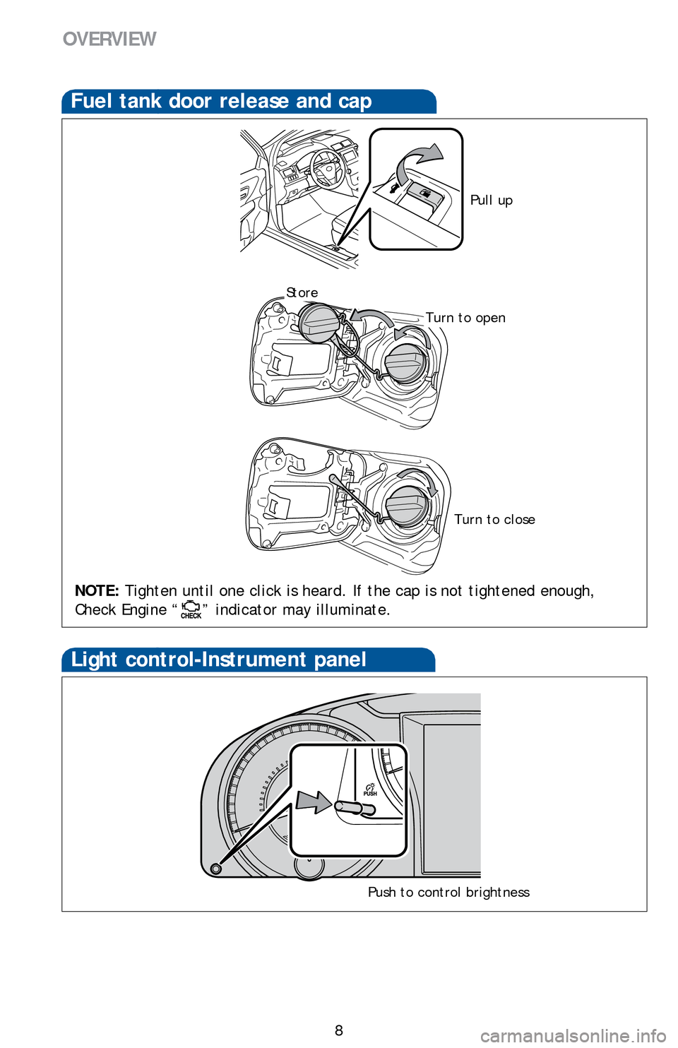 TOYOTA CAMRY HYBRID 2016 XV50 / 9.G Quick Reference Guide 8
Fuel tank door release and cap
Light control-Instrument panel
OVERVIEW
NOTE: Tighten until one click is heard. If the cap is not tightened enough,
Check Engine “
” indicator may illuminate.
Pul TOYOTA CAMRY HYBRID 2016 XV50 / 9.G Quick Reference Guide 8
Fuel tank door release and cap
Light control-Instrument panel
OVERVIEW
NOTE: Tighten until one click is heard. If the cap is not tightened enough,
Check Engine “
” indicator may illuminate.
Pul