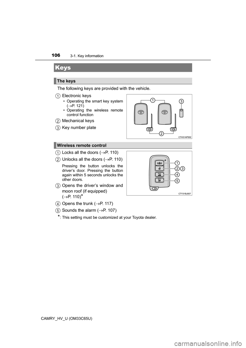 TOYOTA CAMRY HYBRID 2017 XV50 / 9.G Owners Manual 106
CAMRY_HV_U (OM33C65U)
3-1. Key information
The following keys are provided with the vehicle.Electronic keys
• Operating the smart key system(P. 121)
• Operating the wireless remote control 