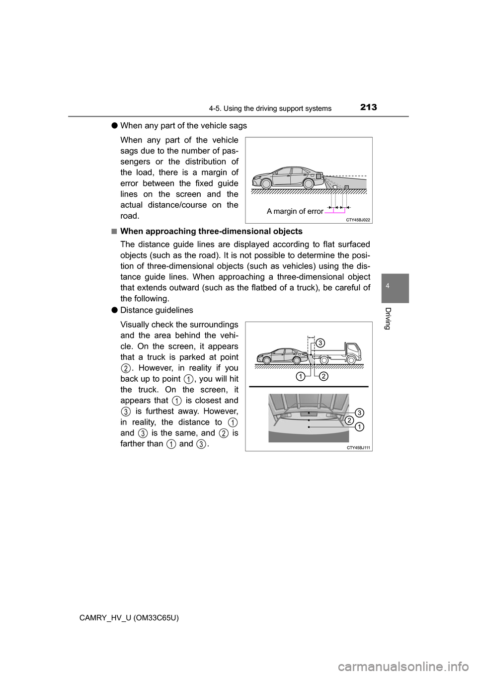 TOYOTA CAMRY HYBRID 2017 XV50 / 9.G Owners Manual 2134-5. Using the driving support systems
4
Driving
CAMRY_HV_U (OM33C65U)
●When any part of the vehicle sags
When any part of the vehicle
sags due to the number of pas-
sengers or the distribution o
