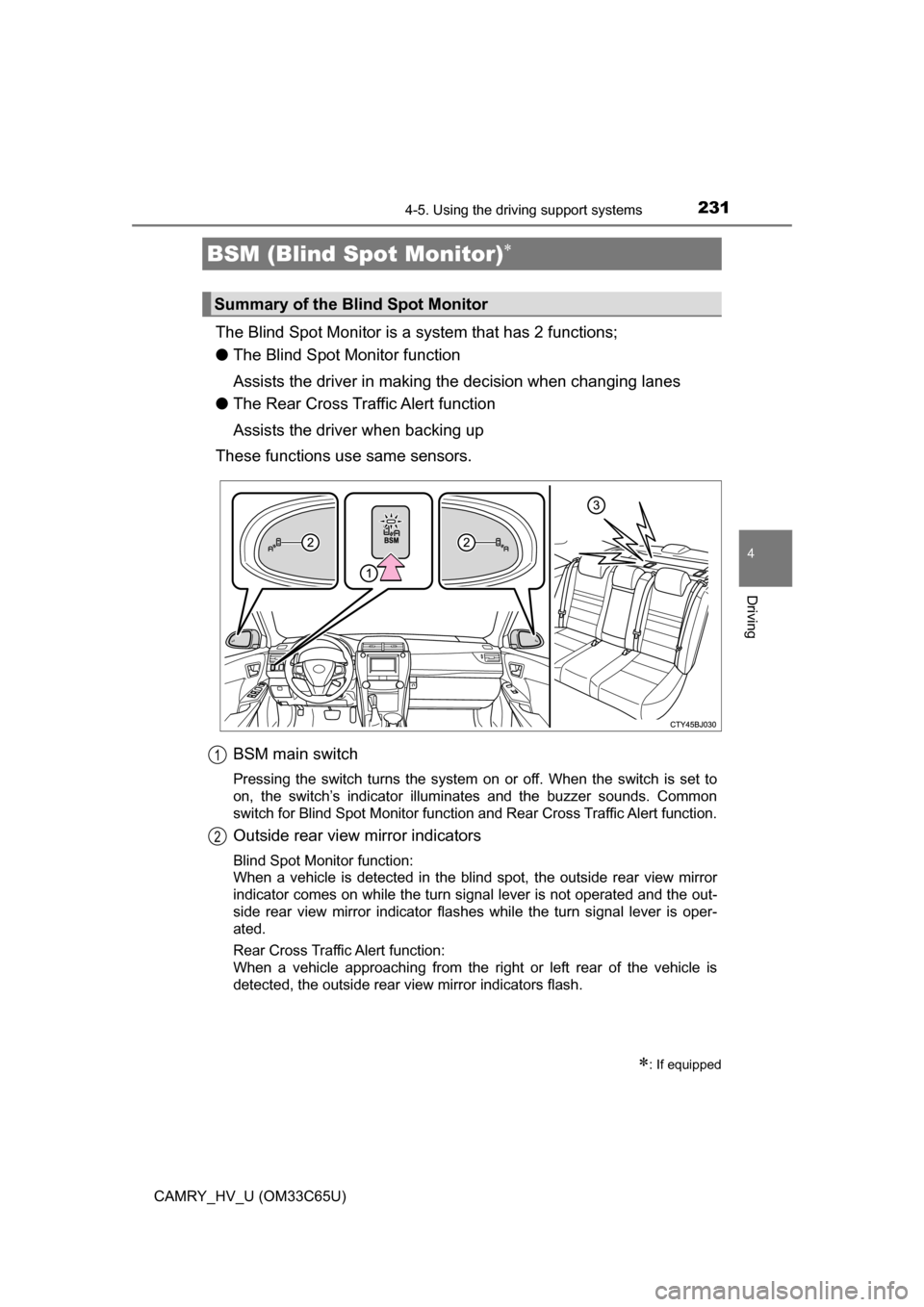 TOYOTA CAMRY HYBRID 2017 XV50 / 9.G Owners Manual 2314-5. Using the driving support systems
4
Driving
CAMRY_HV_U (OM33C65U)
The Blind Spot Monitor is a system that has 2 functions;
● The Blind Spot Monitor function
Assists the driver in making t he