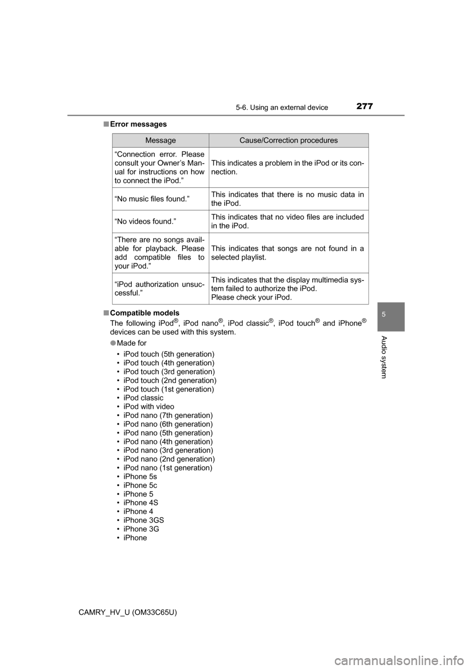 TOYOTA CAMRY HYBRID 2017 XV50 / 9.G Owners Manual 2775-6. Using an external device
5
Audio system
CAMRY_HV_U (OM33C65U)■
Error messages
■ Compatible models
The following iPod
®, iPod nano®, iPod classic®, iPod touch® and iPhone®
devices can 