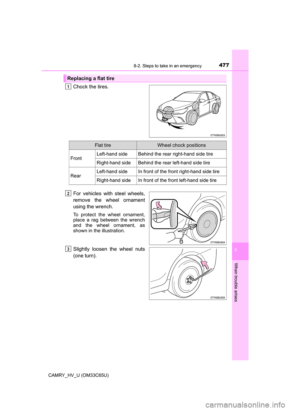 TOYOTA CAMRY HYBRID 2017 XV50 / 9.G Owners Manual 4778-2. Steps to take in an emergency
8
When trouble arises
CAMRY_HV_U (OM33C65U)
Chock the tires.
For vehicles with steel wheels,
remove the wheel ornament
using the wrench.
To protect the wheel orna