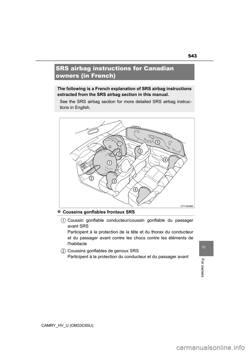 TOYOTA CAMRY HYBRID 2017 XV50 / 9.G Owners Manual 543
10
For owners
CAMRY_HV_U (OM33C65U)
◆Coussins gonflables frontaux SRSCoussin gonflable conducteur/c oussin gonflable du passager
avant SRS
Participent à la protection de la tête et du thorax d TOYOTA CAMRY HYBRID 2017 XV50 / 9.G Owners Manual 543
10
For owners
CAMRY_HV_U (OM33C65U)
◆Coussins gonflables frontaux SRSCoussin gonflable conducteur/c oussin gonflable du passager
avant SRS
Participent à la protection de la tête et du thorax d