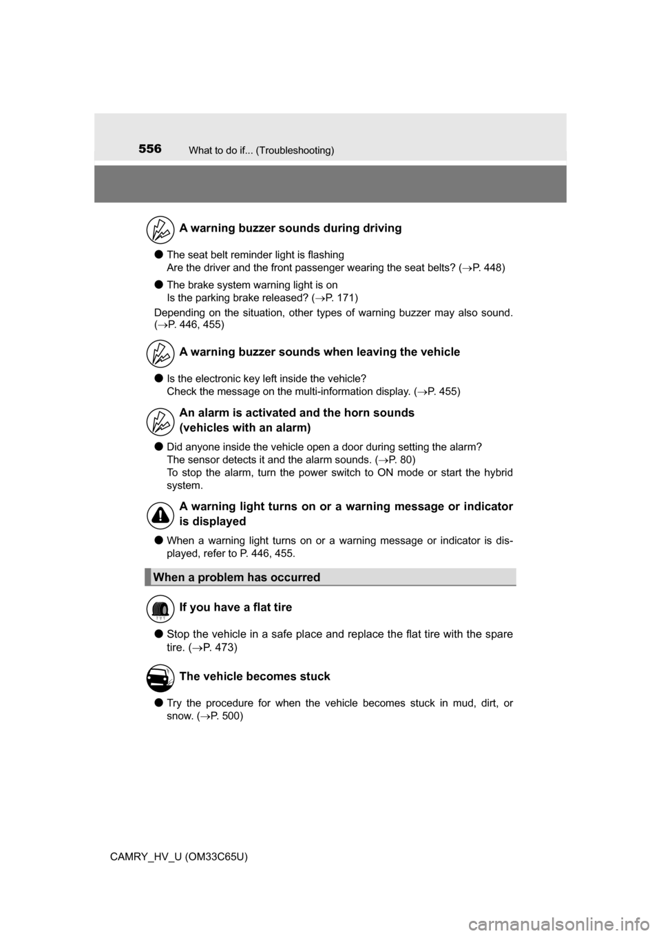 TOYOTA CAMRY HYBRID 2017 XV50 / 9.G Owners Manual 556What to do if... (Troubleshooting)
CAMRY_HV_U (OM33C65U)
●The seat belt reminder light is flashing 
Are the driver and the front passenger wearing the seat belts? (P. 448)
●The brake system 