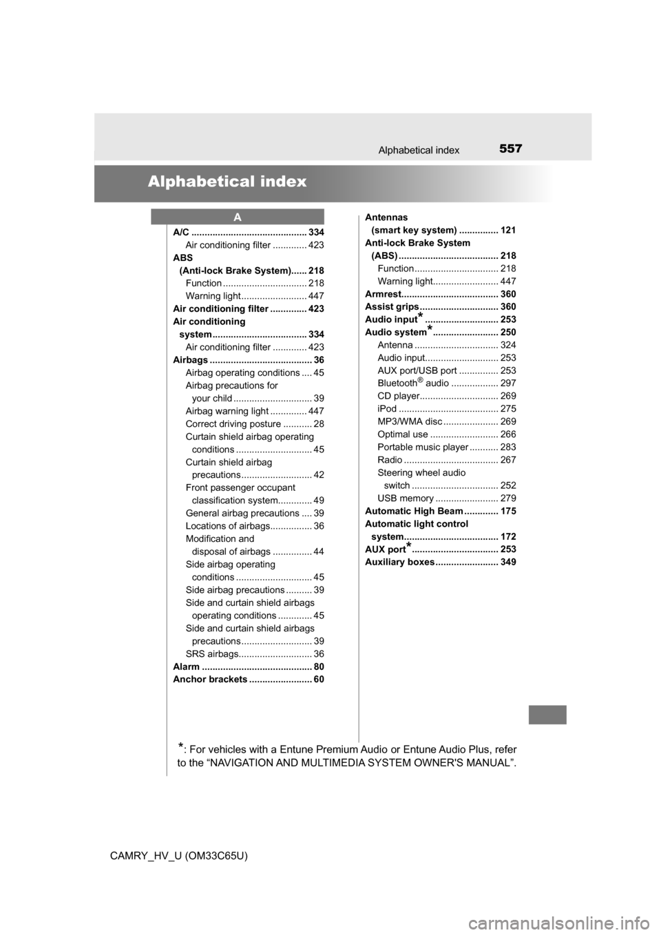 TOYOTA CAMRY HYBRID 2017 XV50 / 9.G Owners Manual 557
CAMRY_HV_U (OM33C65U)
Alphabetical index
Alphabetical index
A/C ............................................ 334Air conditioning filter ............. 423
ABS  (Anti-lock Brake System)...... 218 Fu