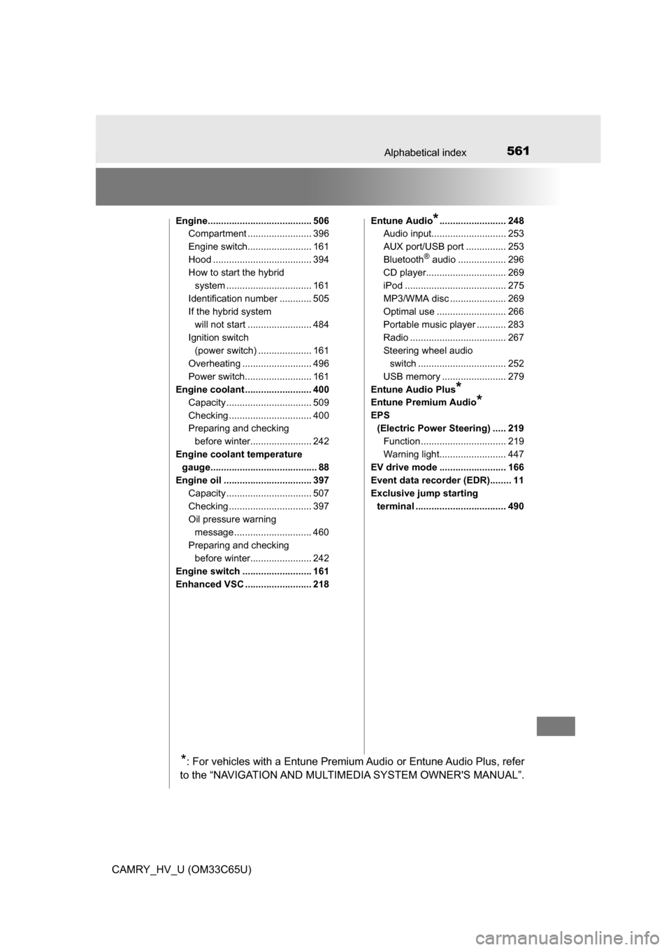 TOYOTA CAMRY HYBRID 2017 XV50 / 9.G Owners Manual 561Alphabetical index
CAMRY_HV_U (OM33C65U)
Engine....................................... 506Compartment ........................ 396
Engine switch........................ 161
Hood ...................