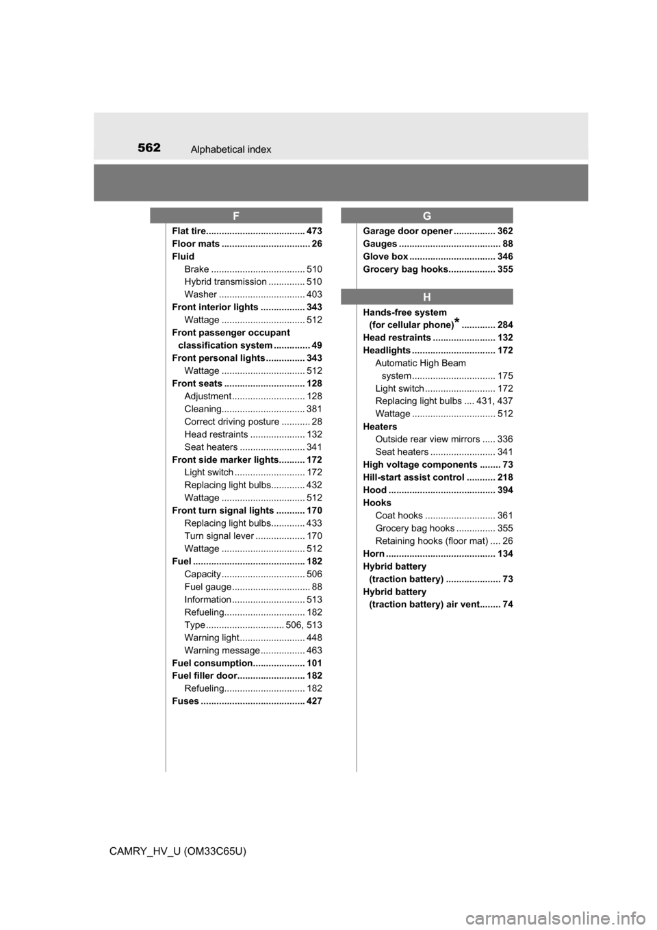 TOYOTA CAMRY HYBRID 2017 XV50 / 9.G Owners Manual 562Alphabetical index
CAMRY_HV_U (OM33C65U)
Flat tire...................................... 473
Floor mats .................................. 26
FluidBrake .................................... 510
Hyb