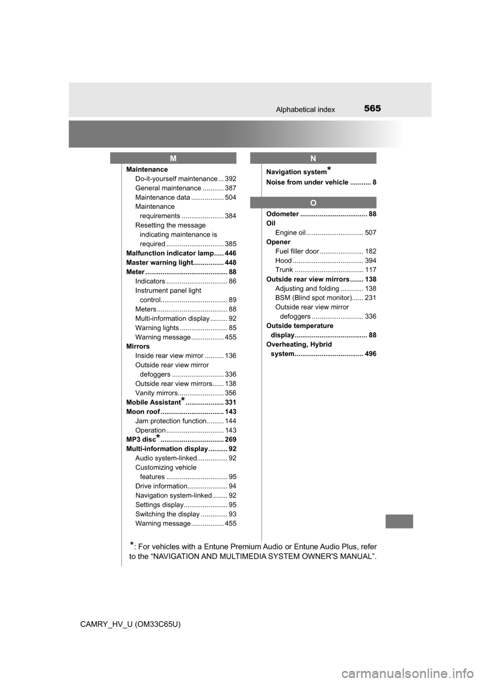 TOYOTA CAMRY HYBRID 2017 XV50 / 9.G Owners Manual 565Alphabetical index
CAMRY_HV_U (OM33C65U)
MaintenanceDo-it-yourself maintenance ... 392
General maintenance ........... 387
Maintenance data ................. 504
Maintenance 
requirements .........