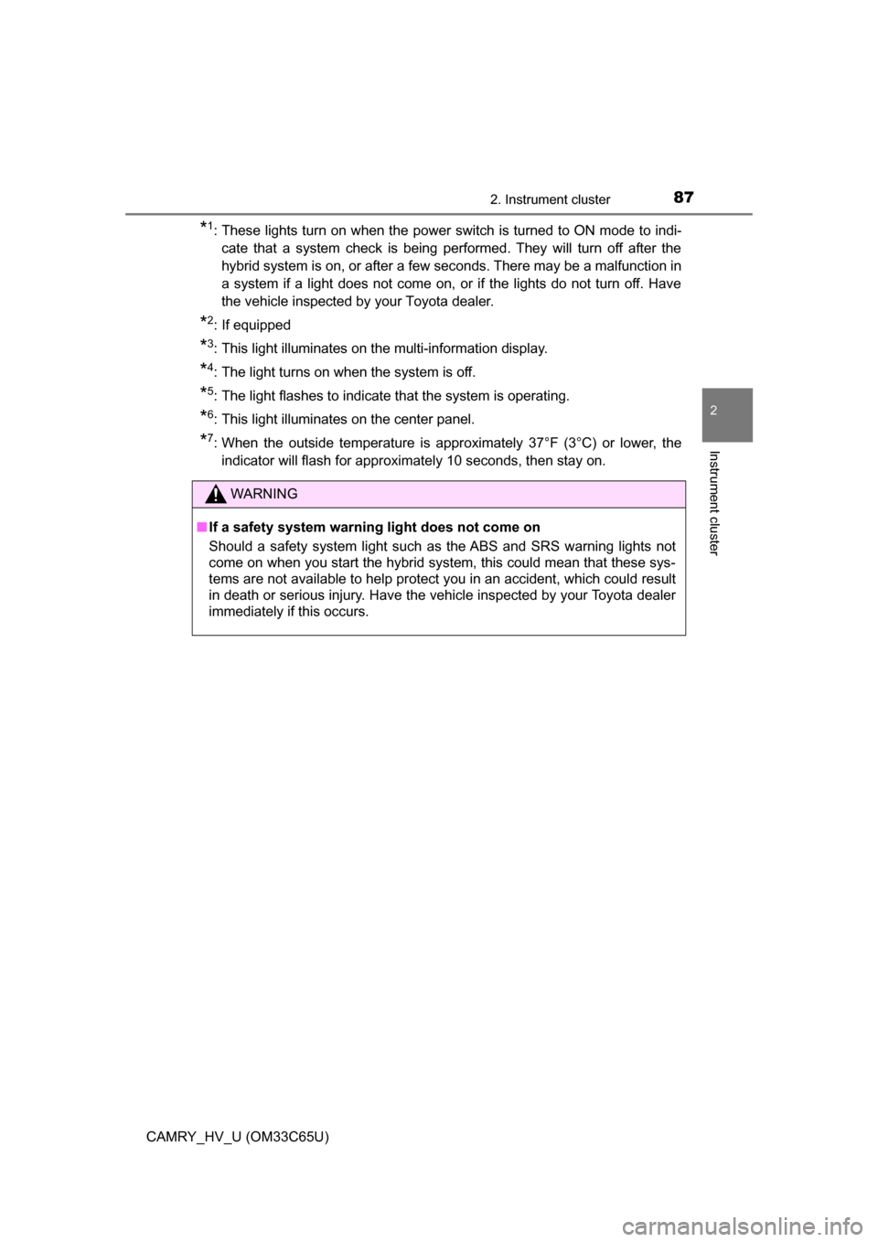 TOYOTA CAMRY HYBRID 2017 XV50 / 9.G Manual Online 872. Instrument cluster
2
Instrument cluster
CAMRY_HV_U (OM33C65U)
*1: These lights turn on when the power switch is turned to ON mode to indi-cate that a system check is being performed. They will tu
