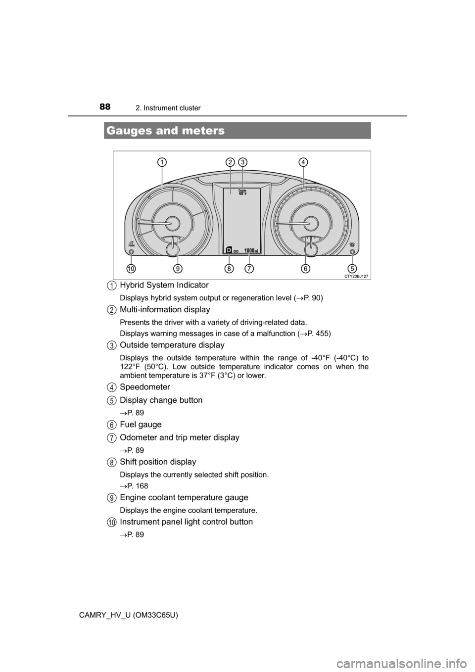 TOYOTA CAMRY HYBRID 2017 XV50 / 9.G Manual Online 882. Instrument cluster
CAMRY_HV_U (OM33C65U)
Hybrid System Indicator
Displays hybrid system output or regeneration level (P. 90)
Multi-information display
Presents the driver with a variety of dri