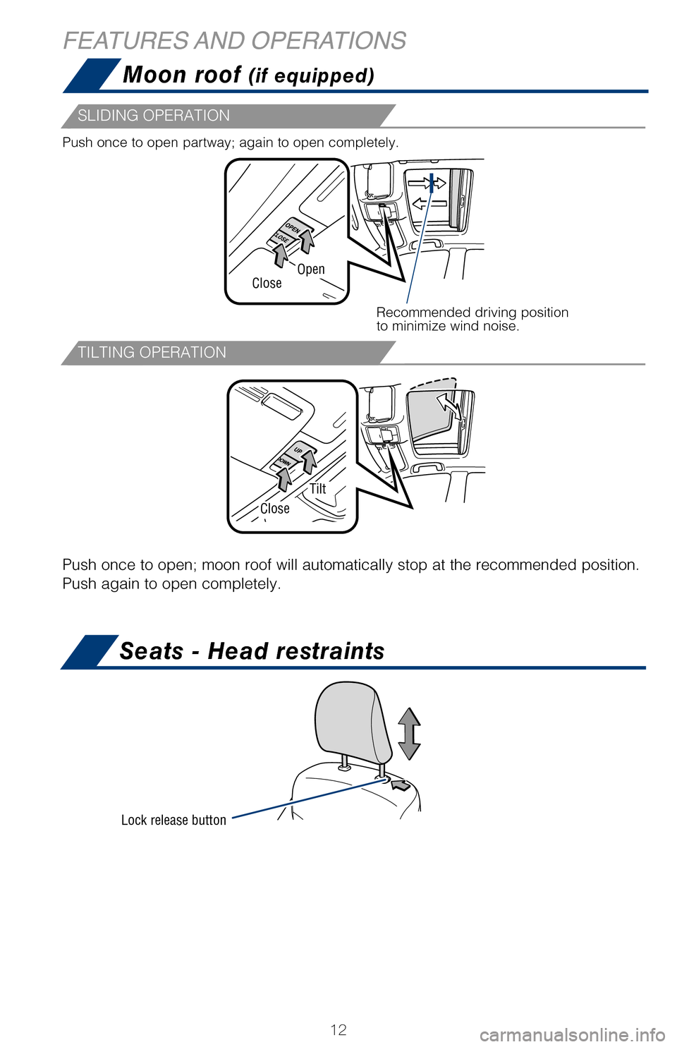 TOYOTA CAMRY HYBRID 2017 XV50 / 9.G Quick Reference Guide 12
SLIDING OPERATION
TILTING OPERATION
Moon roof (if equipped)
Seats - Head restraints
Tip: To fold rear seats, the 
release button is located in the 
trunk.
FEATURES AND OPERATIONS
Lock release butto