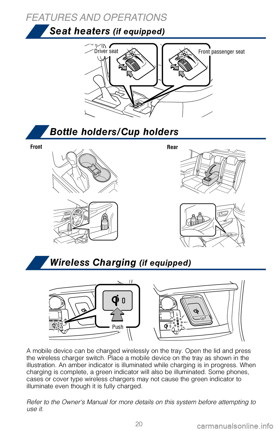 TOYOTA CAMRY HYBRID 2017 XV50 / 9.G Quick Reference Guide 20
Seat heaters (if equipped)
FEATURES AND OPERATIONSBottle holders/Cup holders
Wireless Charging (if equipped)
A mobile device can be charged wirelessly on the tray. Open the lid and \
press
the wi TOYOTA CAMRY HYBRID 2017 XV50 / 9.G Quick Reference Guide 20
Seat heaters (if equipped)
FEATURES AND OPERATIONSBottle holders/Cup holders
Wireless Charging (if equipped)
A mobile device can be charged wirelessly on the tray. Open the lid and \
press
the wi
