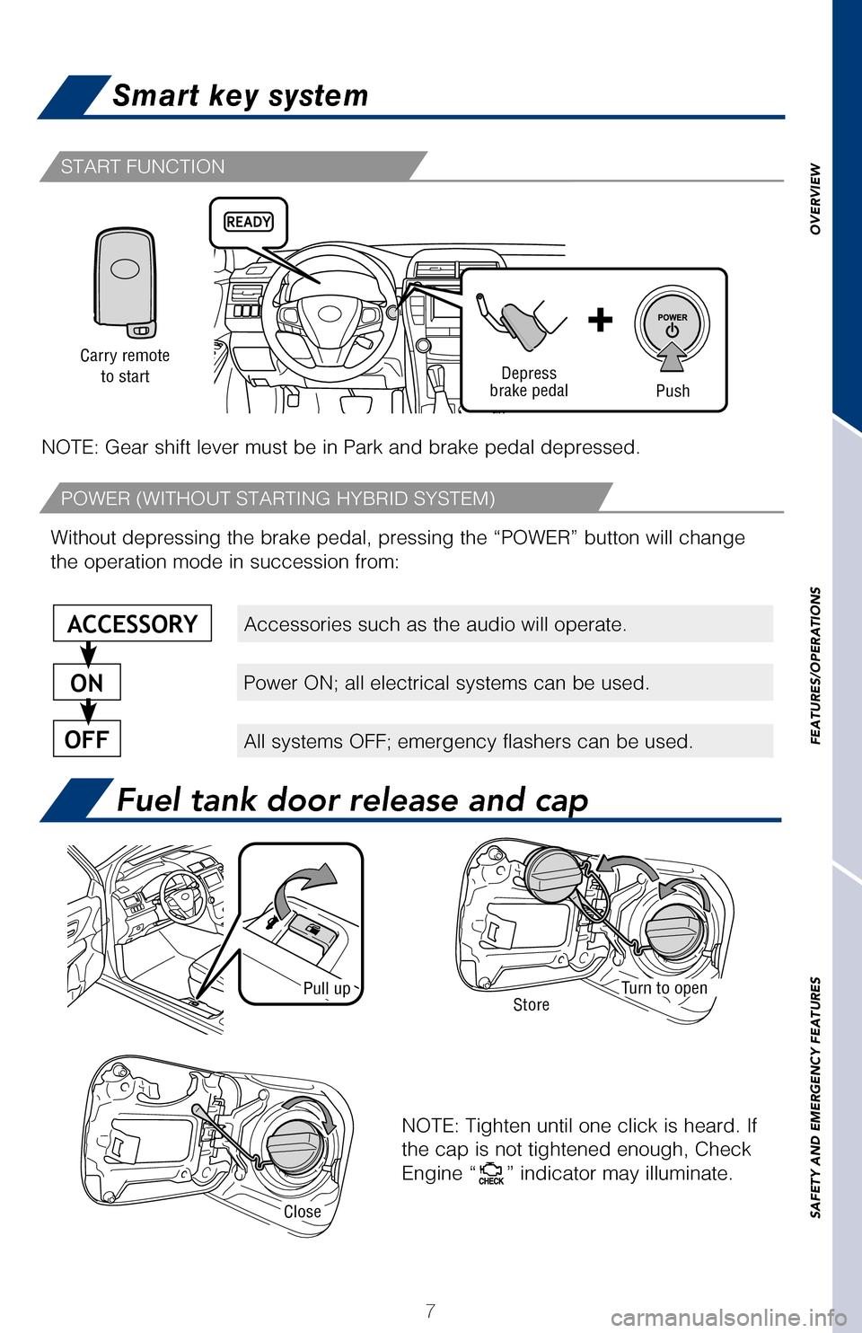 TOYOTA CAMRY HYBRID 2017 XV50 / 9.G Quick Reference Guide OVERVIEW
FEATURES/OPERATIONS
SAFETY AND EMERGENCY FEATURES
NOTE: If a door is not opened within 60 seconds of unlocking, all doors will
relock for safety.
7
START FUNCTION
Fuel tank door release and TOYOTA CAMRY HYBRID 2017 XV50 / 9.G Quick Reference Guide OVERVIEW
FEATURES/OPERATIONS
SAFETY AND EMERGENCY FEATURES
NOTE: If a door is not opened within 60 seconds of unlocking, all doors will
relock for safety.
7
START FUNCTION
Fuel tank door release and