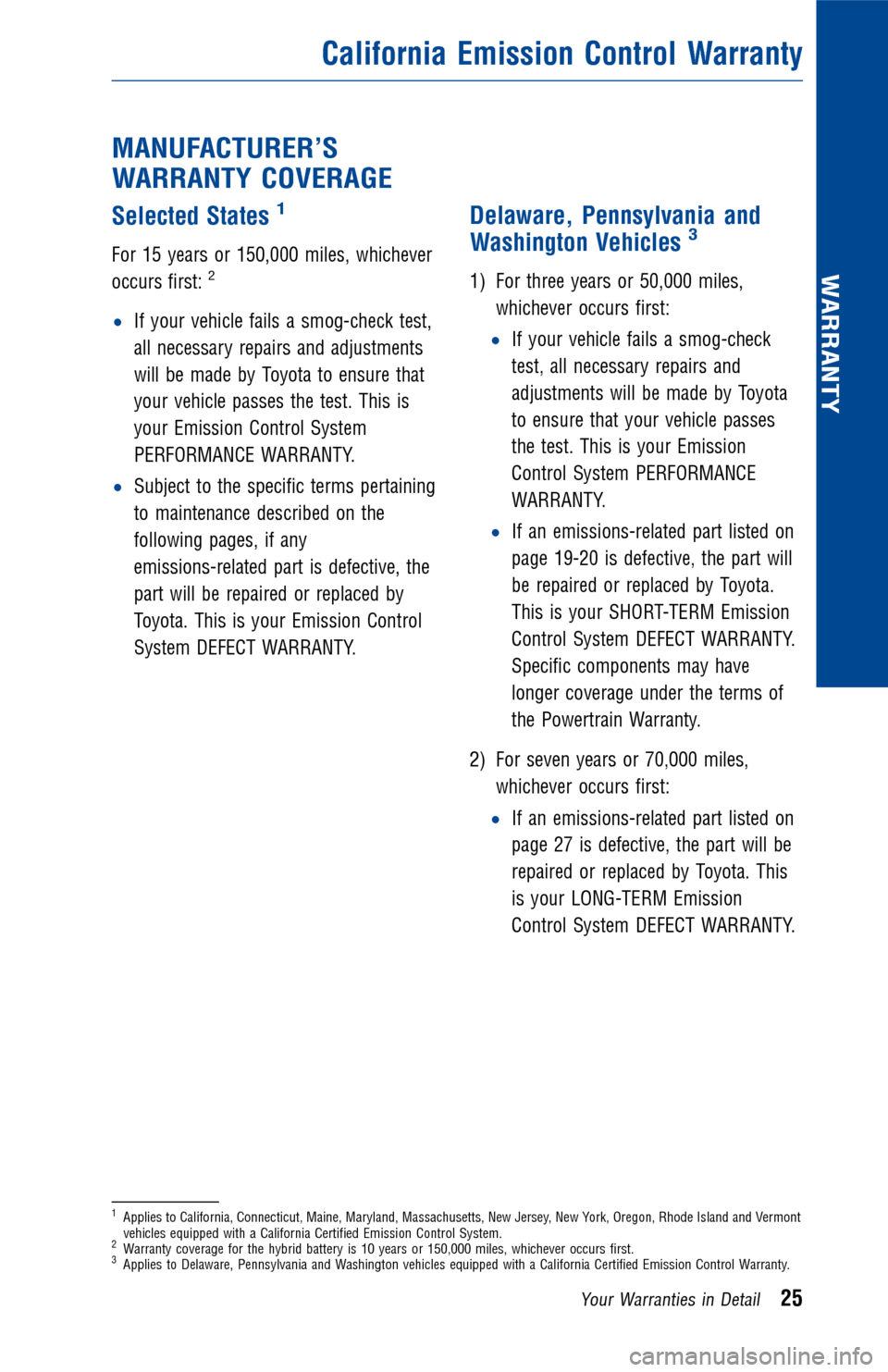 TOYOTA CAMRY HYBRID 2017 XV50 / 9.G Warranty And Maintenance Guide MANUFACTURER’S
WARRANTY COVERAGE
Selected States1
For 15 years or 150,000 miles, whichever
occurs first:2
•If your vehicle fails a smog-check test,
all necessary repairs and adjustments
will be ma
