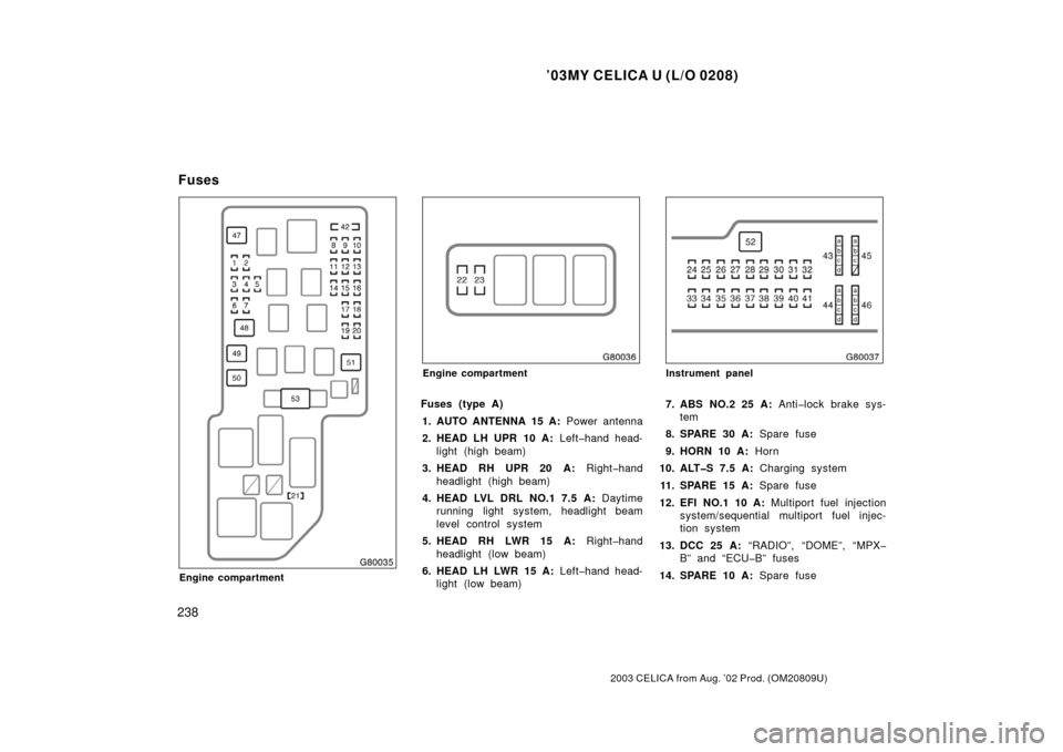 TOYOTA CELICA 2003 T230 / 7.G User Guide ’03MY CELICA U (L/O 0208)
238
2003 CELICA from Aug. ’02 Prod. (OM20809U)
Engine compartment
Engine compartment
Fuses (type A)1. AUTO ANTENNA 15 A:  Power antenna
2. HEAD LH UPR 10 A:  Left�hand he
