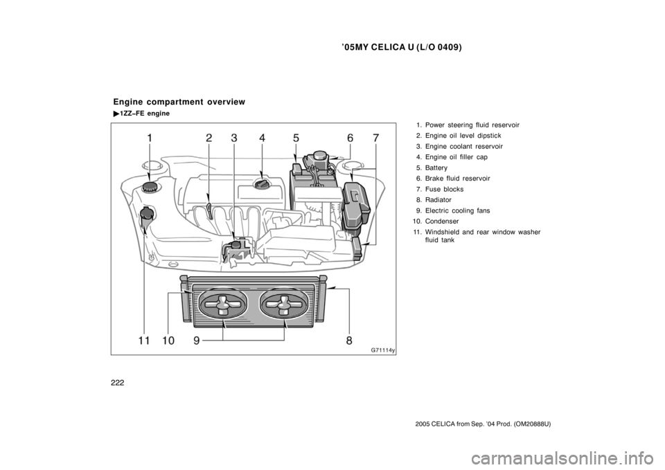 TOYOTA CELICA 2005 T230 / 7.G Owners Manual ’05MY CELICA U (L/O 0409)
222
2005 CELICA from Sep. ’04 Prod. (OM20888U)
1. Power steering fluid reservoir
2. Engine oil level dipstick
3. Engine coolant reservoir
4. Engine oil filler  cap
5. Bat