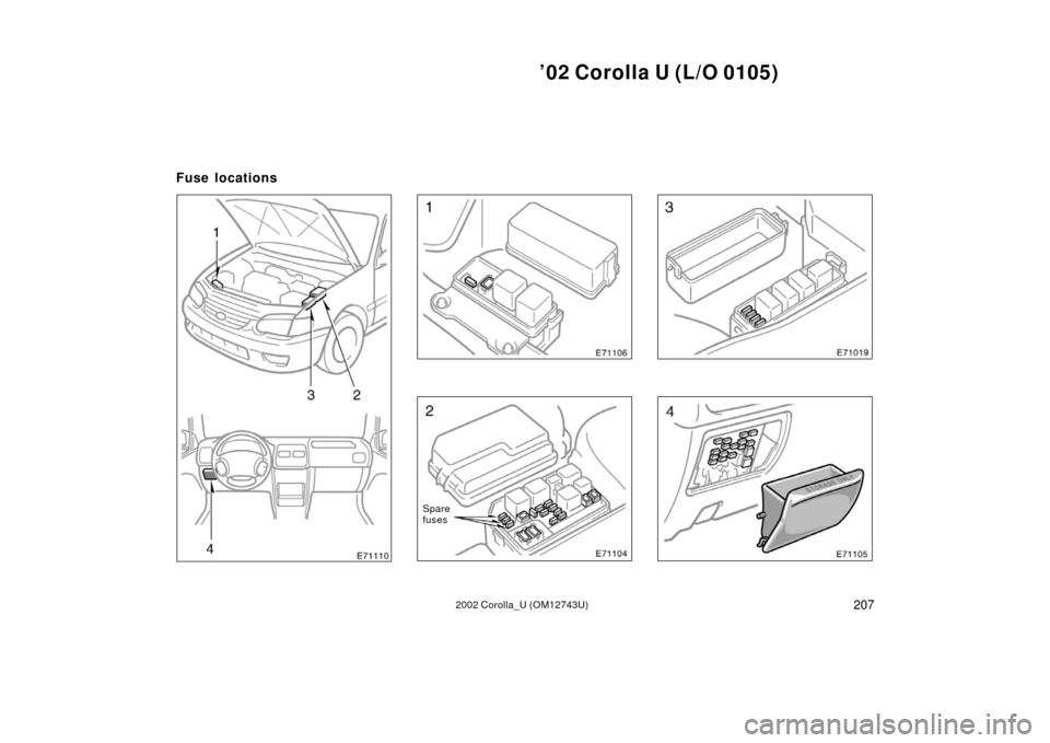 TOYOTA COROLLA 2002 E120 / 9.G Owners Manual ’02 Corolla U (L/O 0105)
2072002 Corolla_U (OM12743U)
Spare
fuses
Fuse locations 