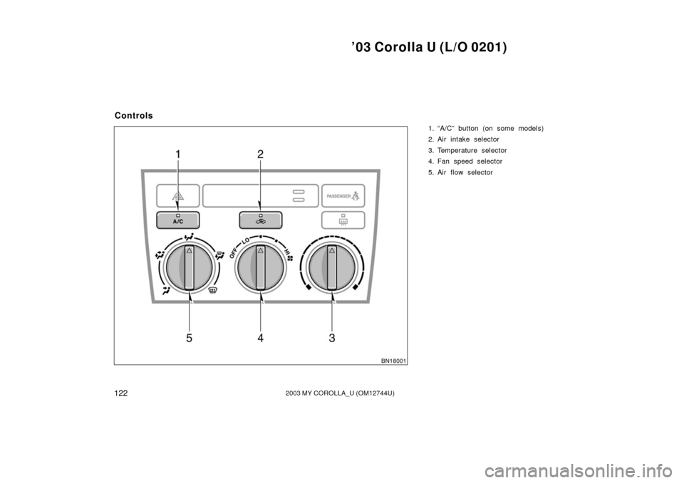 TOYOTA COROLLA 2003 E120 / 9.G Owners Manual ’03 Corolla U (L/O 0201)
1222003 MY COROLLA_U (OM12744U)
1. “A/C” button (on some models)
2. Air intake selector
3. Temperature selector
4. Fan speed selector
5. Air flow selector
Controls 