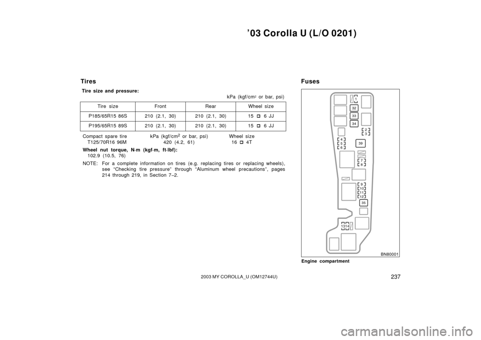 TOYOTA COROLLA 2003 E120 / 9.G Owners Manual ’03 Corolla U (L/O 0201)
2372003 MY COROLLA_U (OM12744U)
Engine compartment
Tires
Tire size
P185/65R15 86S Front
P195/65R15 89S210 (2.1, 30)
210 (2.1, 30) Rear
210 (2.1, 30)
210 (2.1, 30) Wheel size