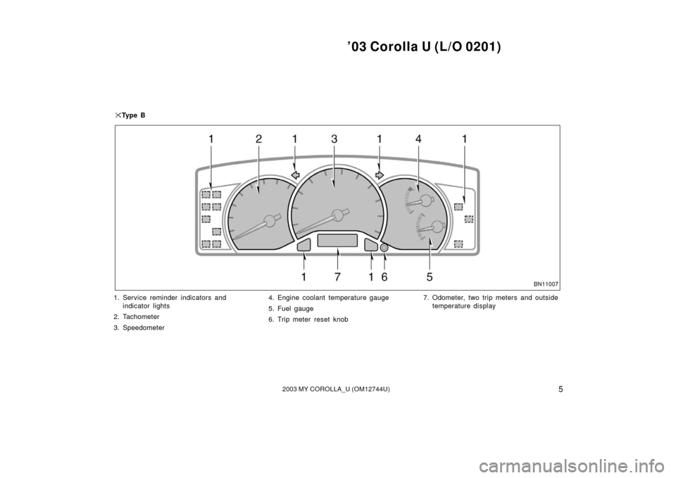 TOYOTA COROLLA 2003 E120 / 9.G Owners Manual ’03 Corolla U (L/O 0201)
52003 MY COROLLA_U (OM12744U)
1. Service reminder indicators andindicator lights
2. Tachometer
3. Speedometer 4. Engine coolant temperature gauge
5. Fuel gauge
6. Trip meter