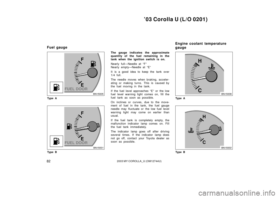 TOYOTA COROLLA 2003 E120 / 9.G Manual Online ’03 Corolla U (L/O 0201)
822003 MY COROLLA_U (OM12744U)
Ty p e A
Ty p e B
The gauge indicates the approximate
quantity of the fuel remaining in the
tank when the ignition switch is on.
Nearly full TOYOTA COROLLA 2003 E120 / 9.G Manual Online ’03 Corolla U (L/O 0201)
822003 MY COROLLA_U (OM12744U)
Ty p e A
Ty p e B
The gauge indicates the approximate
quantity of the fuel remaining in the
tank when the ignition switch is on.
Nearly full