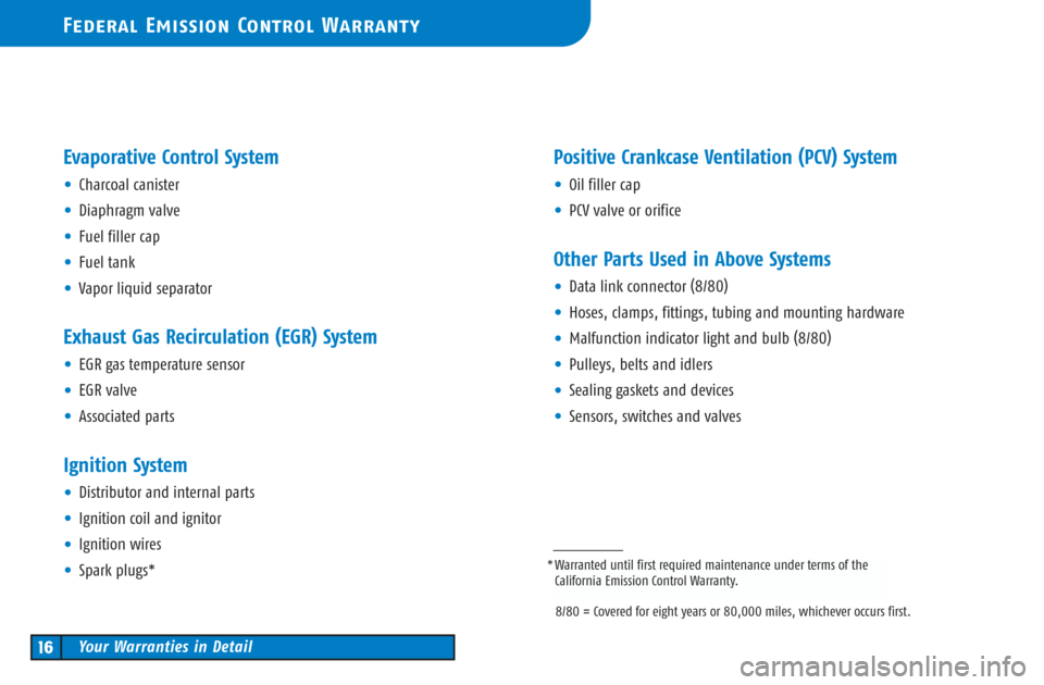 TOYOTA COROLLA 2003 E120 / 9.G Warranty And Maintenance Guide *
Evaporative Control System
•Charcoal canister
•Diaphragm valve
•Fuel filler cap
•Fuel tank
•Vapor liquid separator
Exhaust Gas Recirculation (EGR) System
•EGR gas temperature sensor
•E