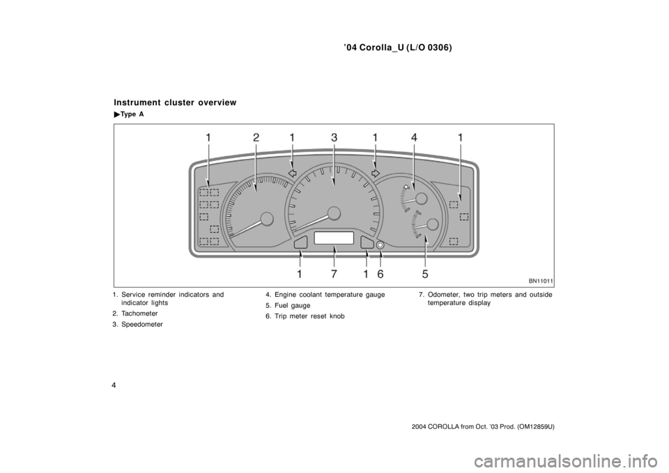 TOYOTA COROLLA 2004 E120 / 9.G Owners Manual ’04 Corolla_U (L/O 0306)
4
2004 COROLLA from Oct. ’03 Prod. (OM12859U)
1. Service reminder indicators andindicator lights
2. Tachometer
3. Speedometer 4. Engine coolant temperature gauge
5. Fuel g